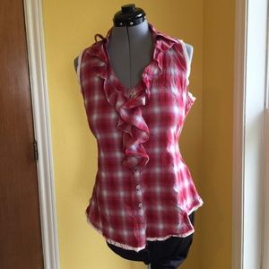 Fun Plaid Button-down, with Ruffled Neckline